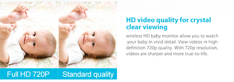 Wireless HD baby monitor allows you to watch your baby in vivid detail. View video in high definition 720p quality. With 720p resolution, video is sharper and more true-to-life.